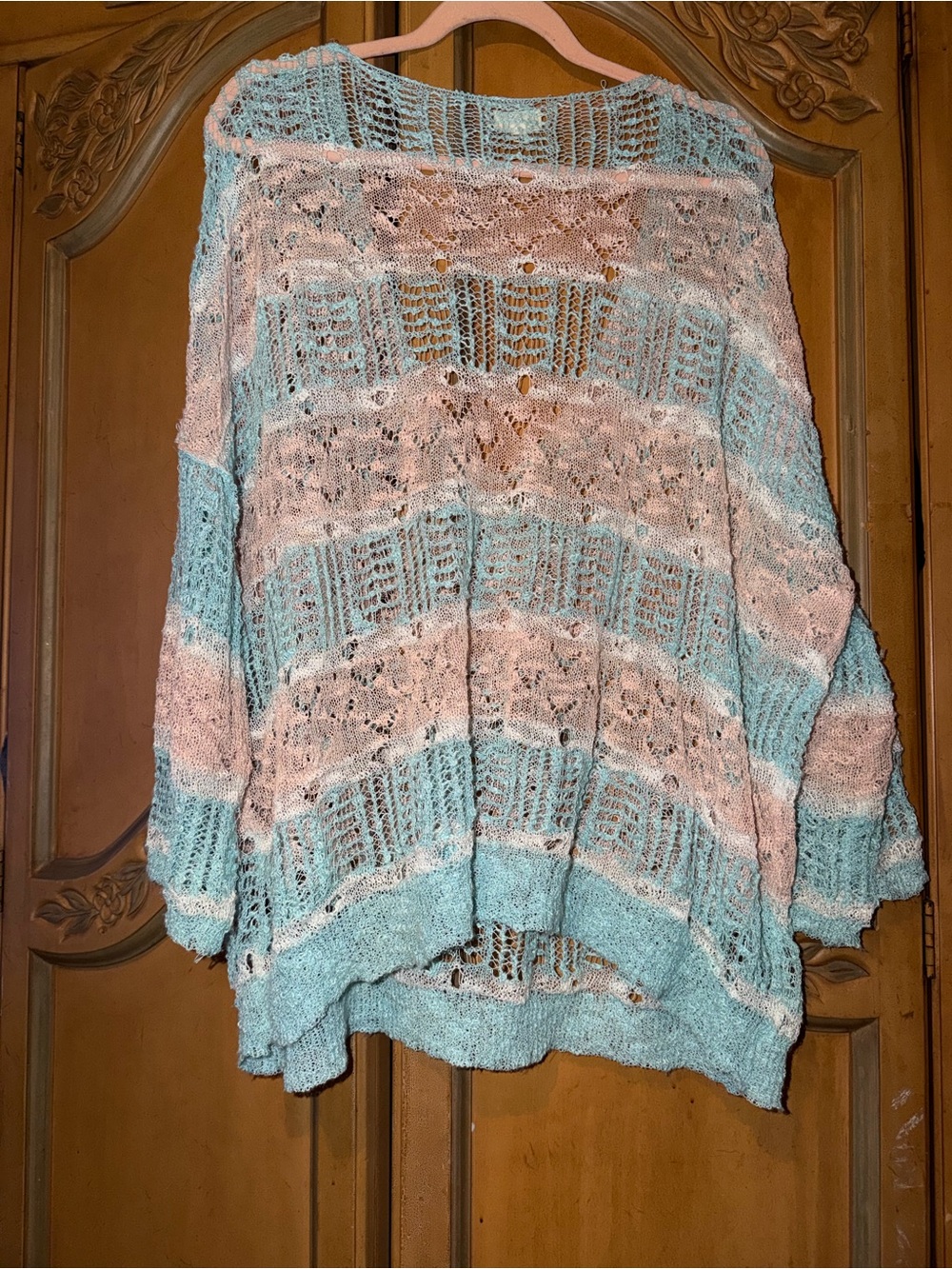 Women’s Pastel Stripe Crochet open knit Beach Cover-Up Sweater - Picture 3 of 6